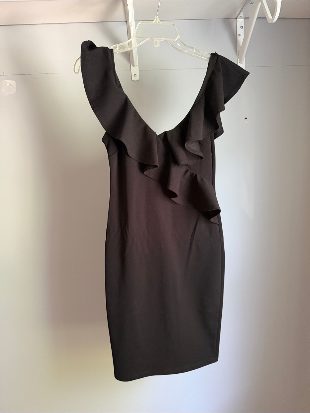 One-Shoulder Black Ruffle Mini Dress